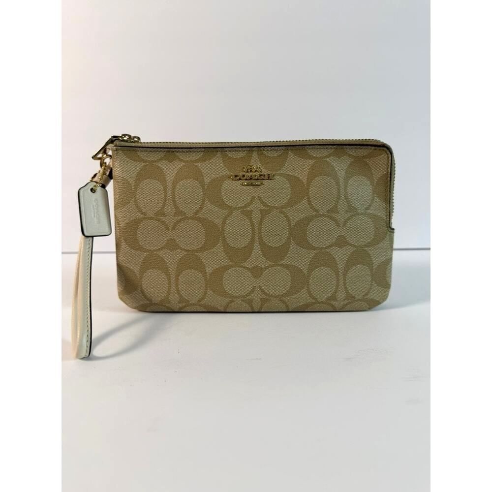 Coach Signature Khaki Ivory Corner Zip Wristlet EUC
